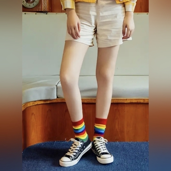 🌈 Socks-- In happy yellow + vivid rainbow stripes - Picture 2 of 3